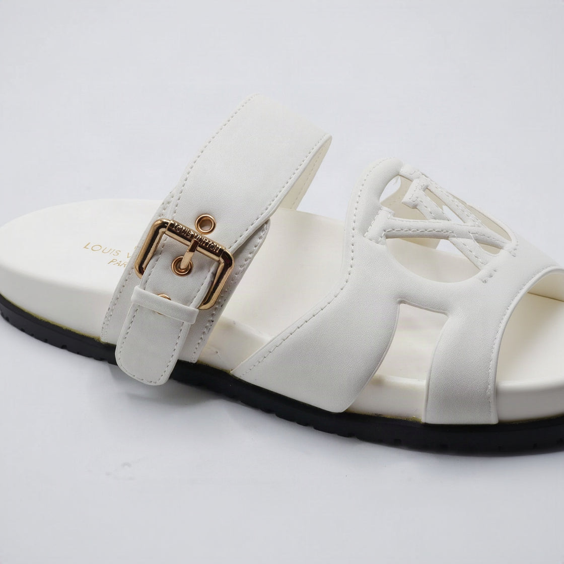 Cutout Monogram Dual-Strap Buckle Flat Slides – Women's Crisp White Open-Toe Sandals