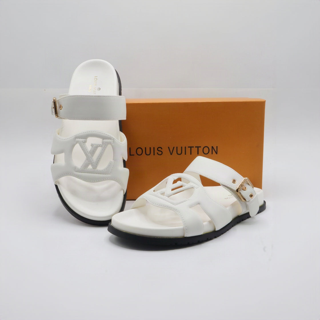 Cutout Monogram Dual-Strap Buckle Flat Slides – Women's Crisp White Open-Toe Sandals