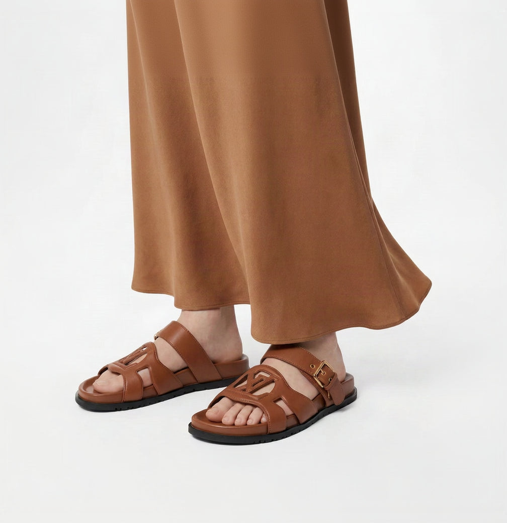 Cutout Monogram Dual-Strap Buckle Flat Slides – Women's Tan Brown Open-Toe Sandals