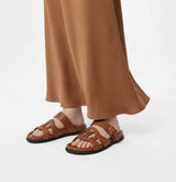 Cutout Monogram Dual-Strap Buckle Flat Slides – Women's Tan Brown Open-Toe Sandals