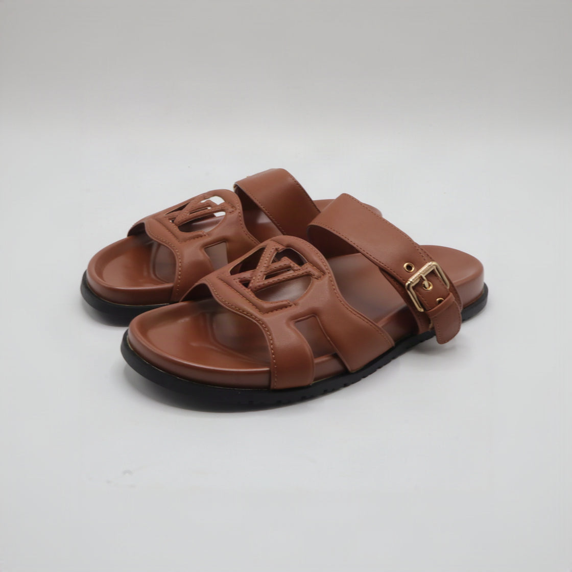 Cutout Monogram Dual-Strap Buckle Flat Slides – Women's Tan Brown Open-Toe Sandals