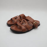 Cutout Monogram Dual-Strap Buckle Flat Slides – Women's Tan Brown Open-Toe Sandals