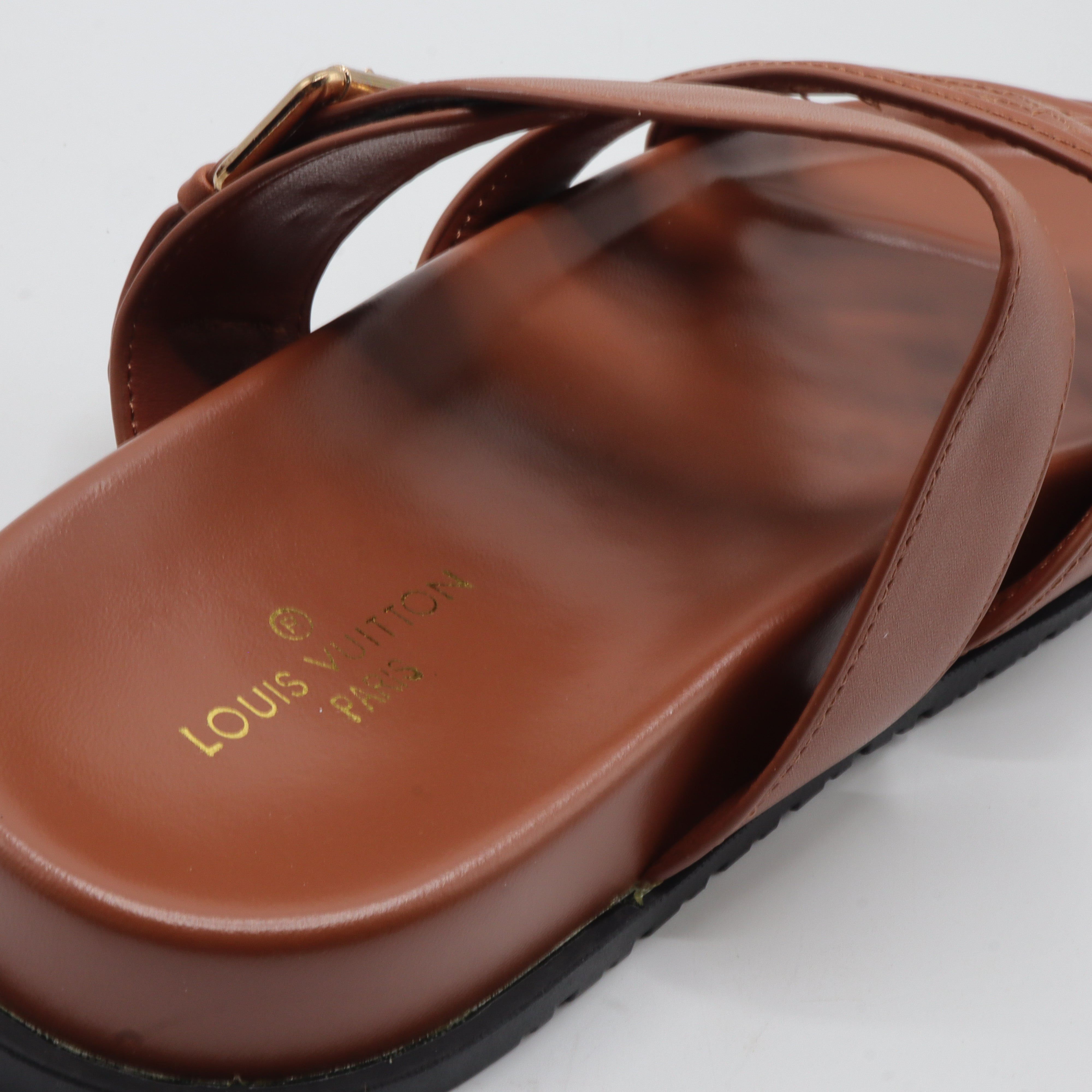 Cutout Monogram Dual-Strap Buckle Flat Slides – Women's Tan Brown Open-Toe Sandals
