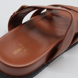 Cutout Monogram Dual-Strap Buckle Flat Slides – Women's Tan Brown Open-Toe Sandals