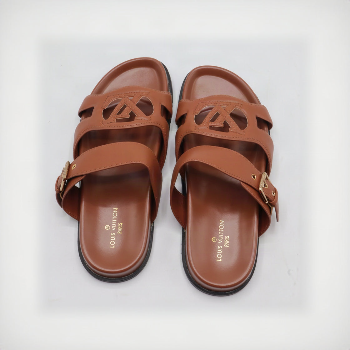 Cutout Monogram Dual-Strap Buckle Flat Slides – Women's Tan Brown Open-Toe Sandals