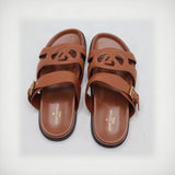 Cutout Monogram Dual-Strap Buckle Flat Slides – Women's Tan Brown Open-Toe Sandals