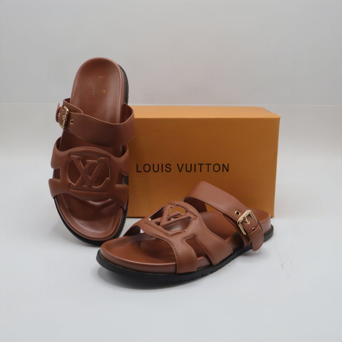 Cutout Monogram Dual-Strap Buckle Flat Slides – Women's Tan Brown Open-Toe Sandals