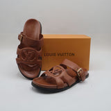 Cutout Monogram Dual-Strap Buckle Flat Slides – Women's Tan Brown Open-Toe Sandals
