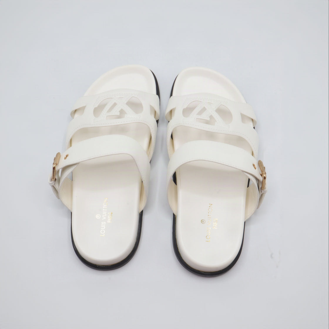 Cutout Monogram Dual-Strap Buckle Flat Slides – Women's Crisp White Open-Toe Sandals