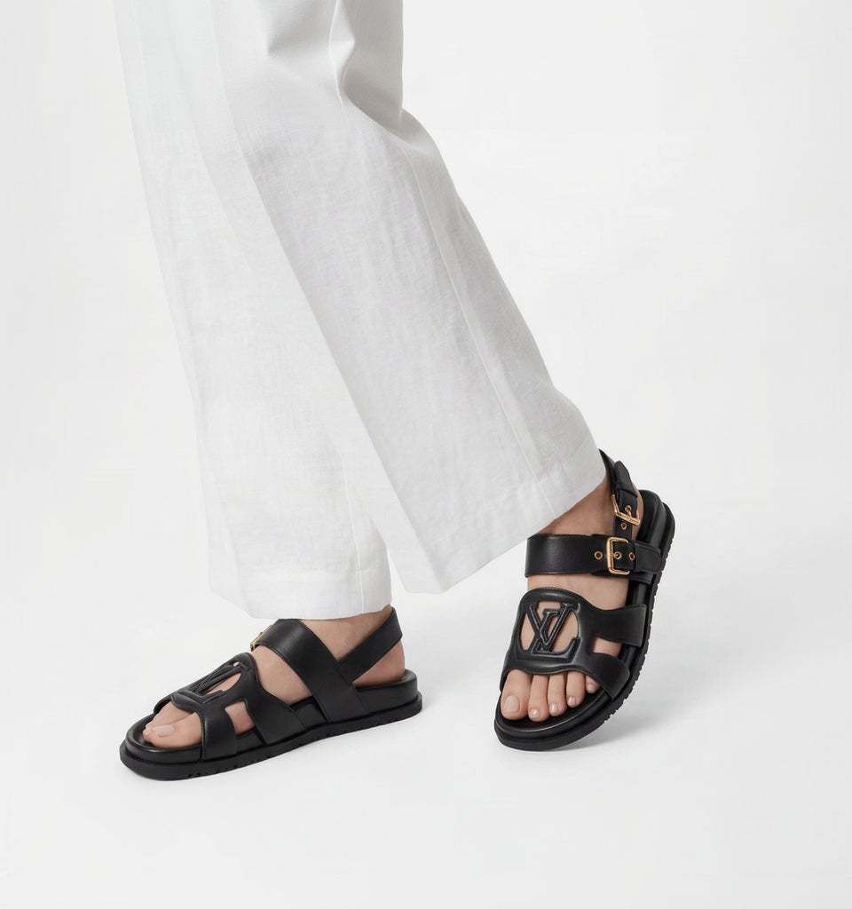 Cutout Monogram Dual-Strap Buckle Flat Slides – Women's Jet Black Open-Toe Sandals