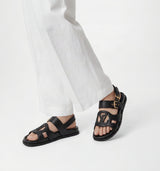 Cutout Monogram Dual-Strap Buckle Flat Slides – Women's Jet Black Open-Toe Sandals