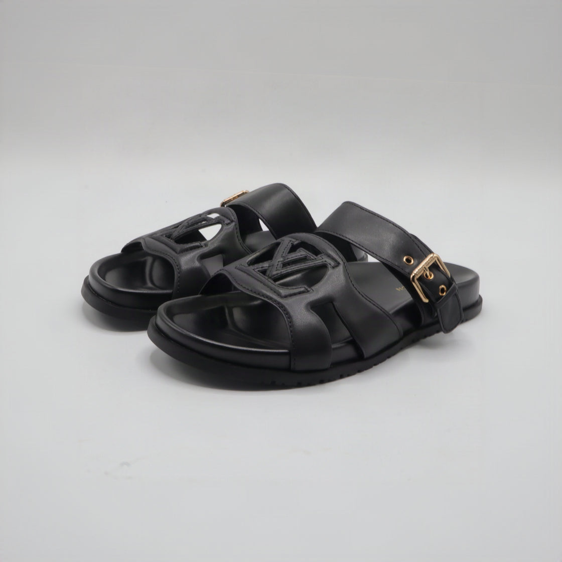 Cutout Monogram Dual-Strap Buckle Flat Slides – Women's Jet Black Open-Toe Sandals