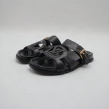 Cutout Monogram Dual-Strap Buckle Flat Slides – Women's Jet Black Open-Toe Sandals