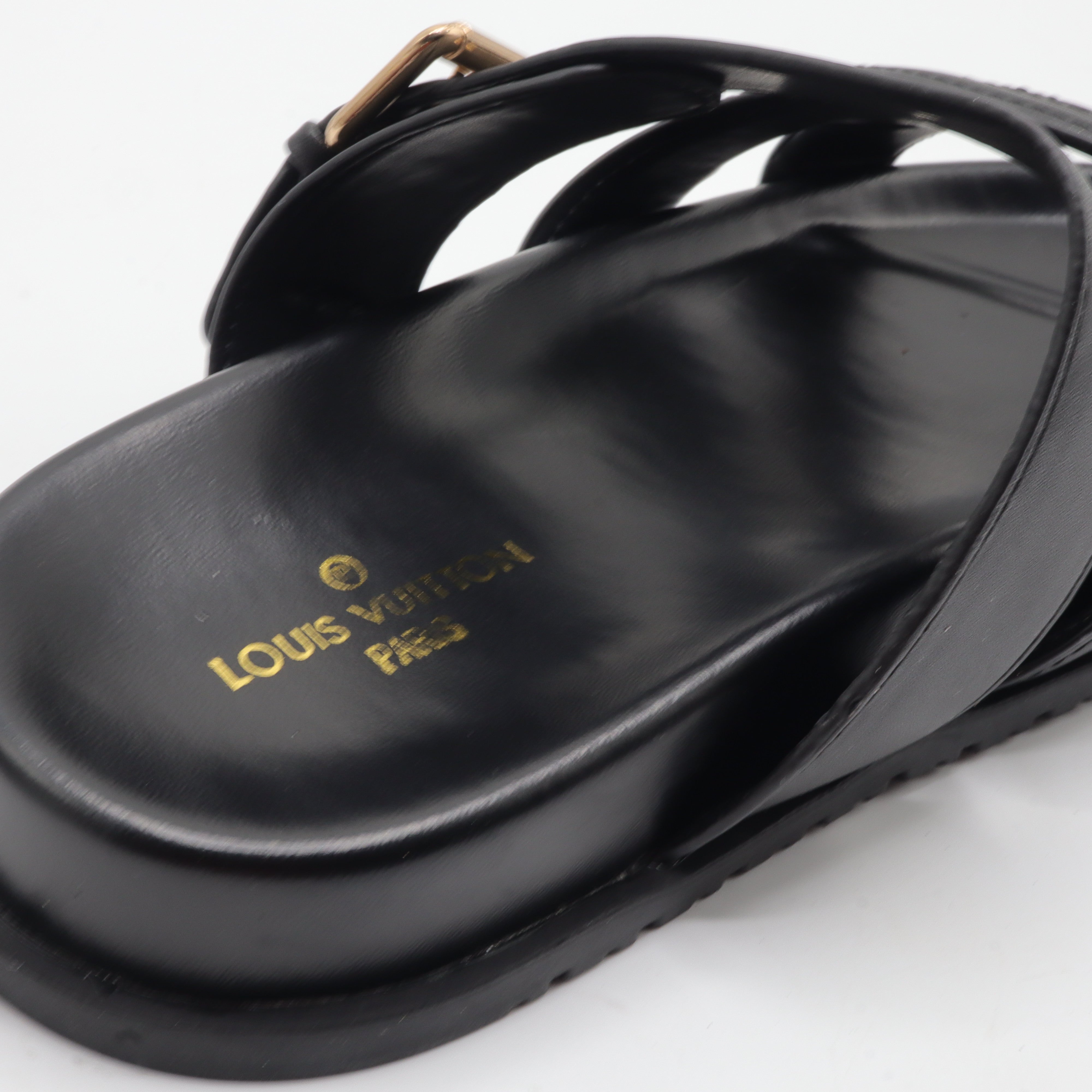 Cutout Monogram Dual-Strap Buckle Flat Slides – Women's Jet Black Open-Toe Sandals