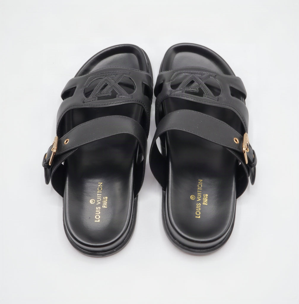 Cutout Monogram Dual-Strap Buckle Flat Slides – Women's Jet Black Open-Toe Sandals