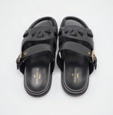 Cutout Monogram Dual-Strap Buckle Flat Slides – Women's Jet Black Open-Toe Sandals