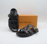 Cutout Monogram Dual-Strap Buckle Flat Slides – Women's Jet Black Open-Toe Sandals