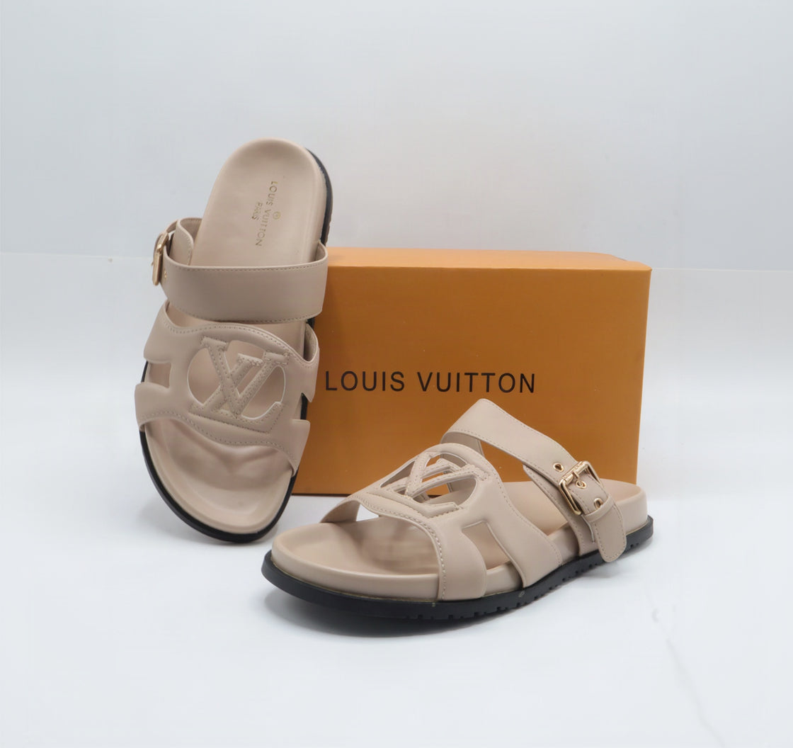 Cutout Monogram Dual-Strap Buckle Flat Slides – Women's Beige / Nude Open-Toe Sandals