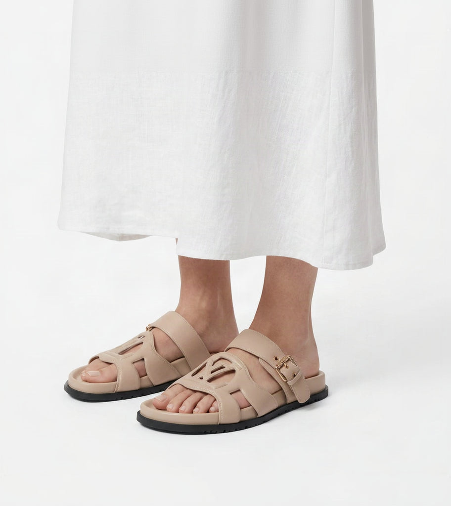Cutout Monogram Dual-Strap Buckle Flat Slides – Women's Beige / Nude Open-Toe Sandals