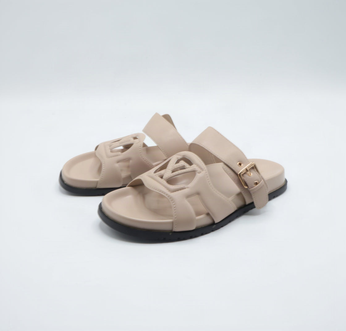 Cutout Monogram Dual-Strap Buckle Flat Slides – Women's Beige / Nude Open-Toe Sandals