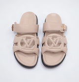 Cutout Monogram Dual-Strap Buckle Flat Slides – Women's Beige / Nude Open-Toe Sandals