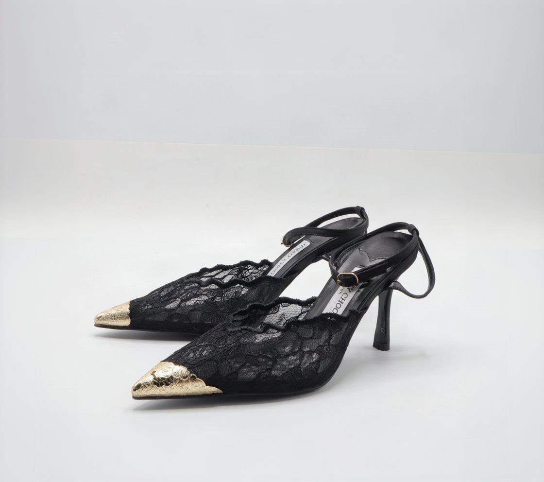 Jimmy Choo Style Lace Cap-Toe Slingback Heels – Women's Black Party Pumps
