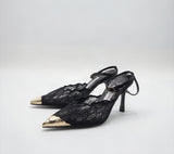 Jimmy Choo Style Lace Cap-Toe Slingback Heels – Women's Black Party Pumps