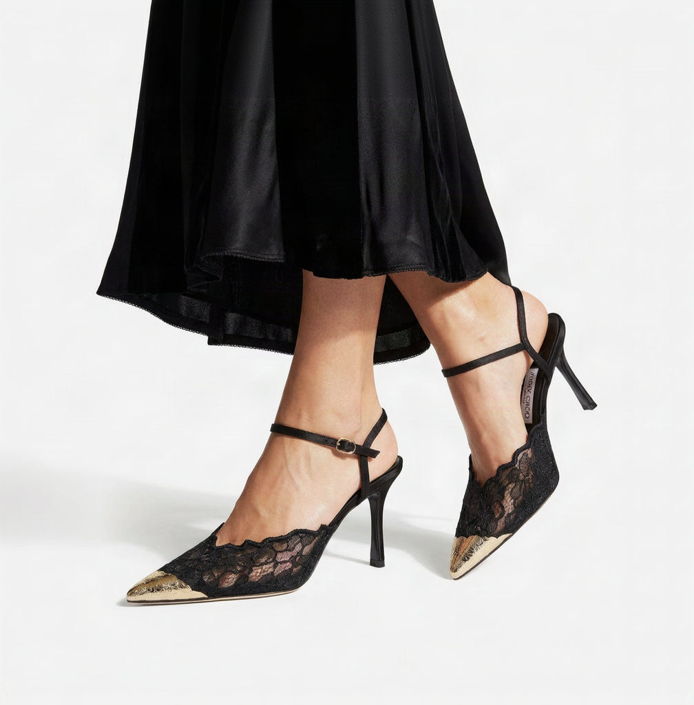 Jimmy Choo Style Lace Cap-Toe Slingback Heels – Women's Black Party Pumps