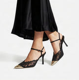 Jimmy Choo Style Lace Cap-Toe Slingback Heels – Women's Black Party Pumps