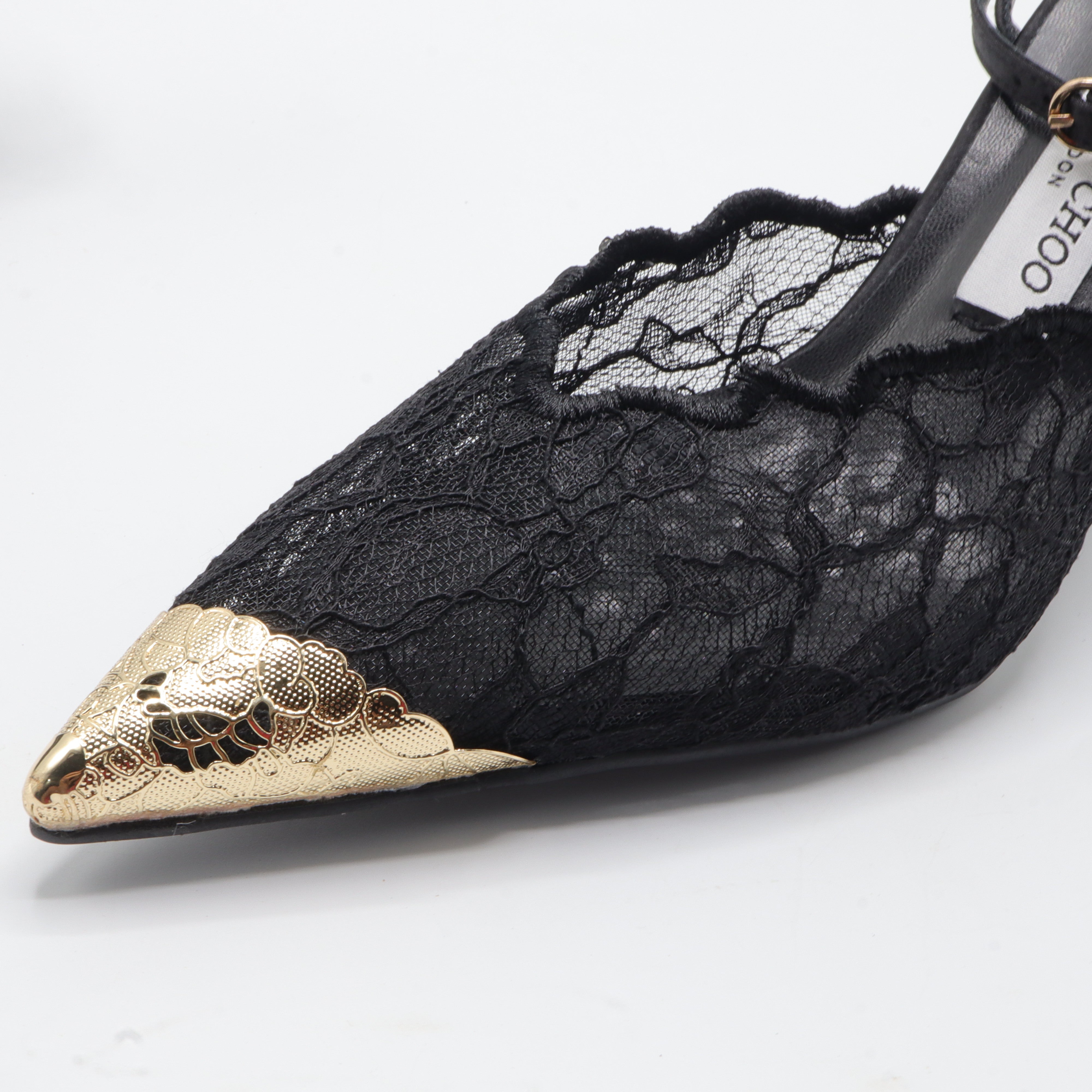 Jimmy Choo Style Lace Cap-Toe Slingback Heels – Women's Black Party Pumps