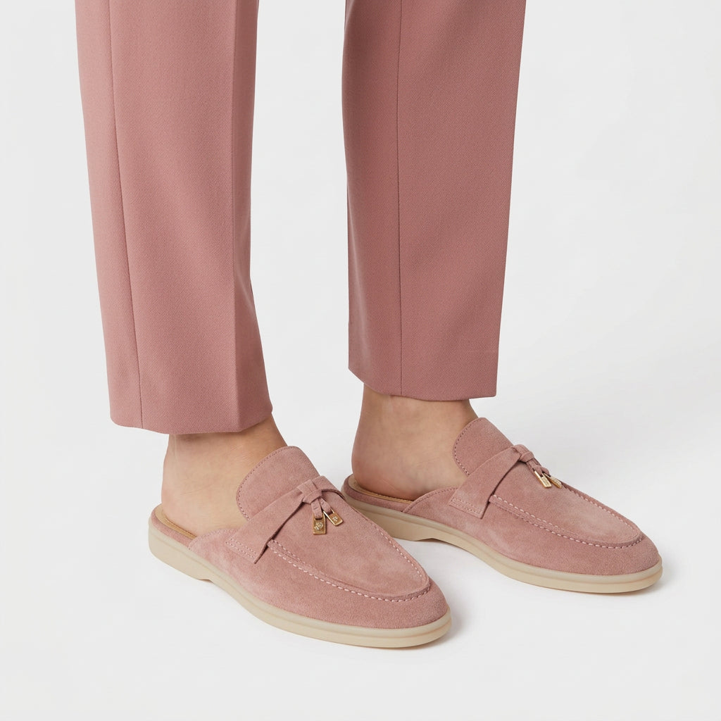 Suede Charm Moccasin Flat Mules – Women's Dusty Rose Slip-On Loafers