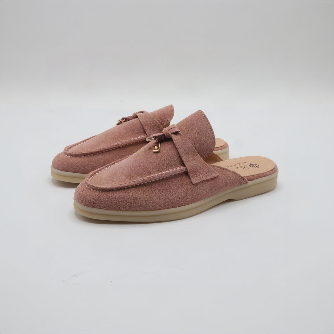 Suede Charm Moccasin Flat Mules – Women's Dusty Rose Slip-On Loafers