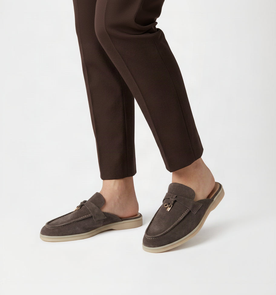 Suede Charm Moccasin Flat Mules – Women's Dark Brown Slip-On Loafers