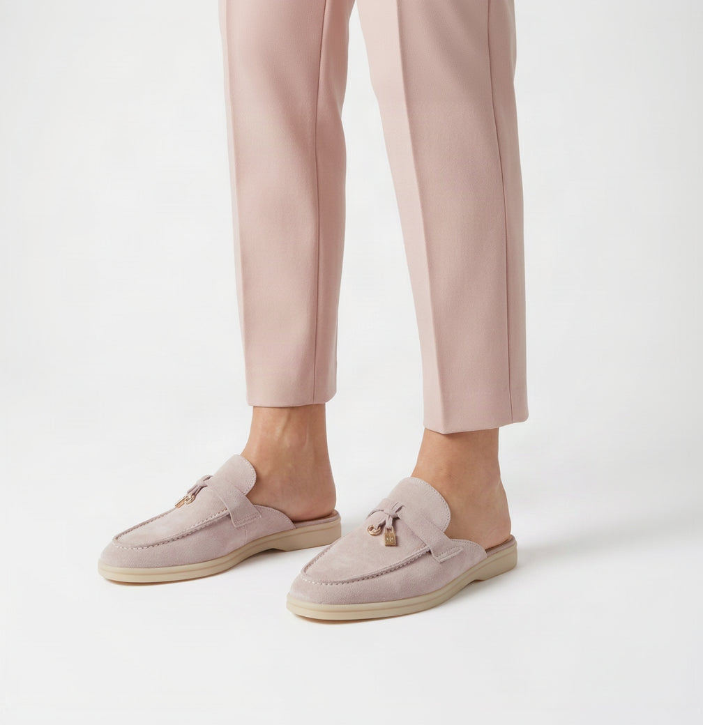 Suede Charm Moccasin Flat Mules – Women's Taupe / Mauve Slip-On Loafers
