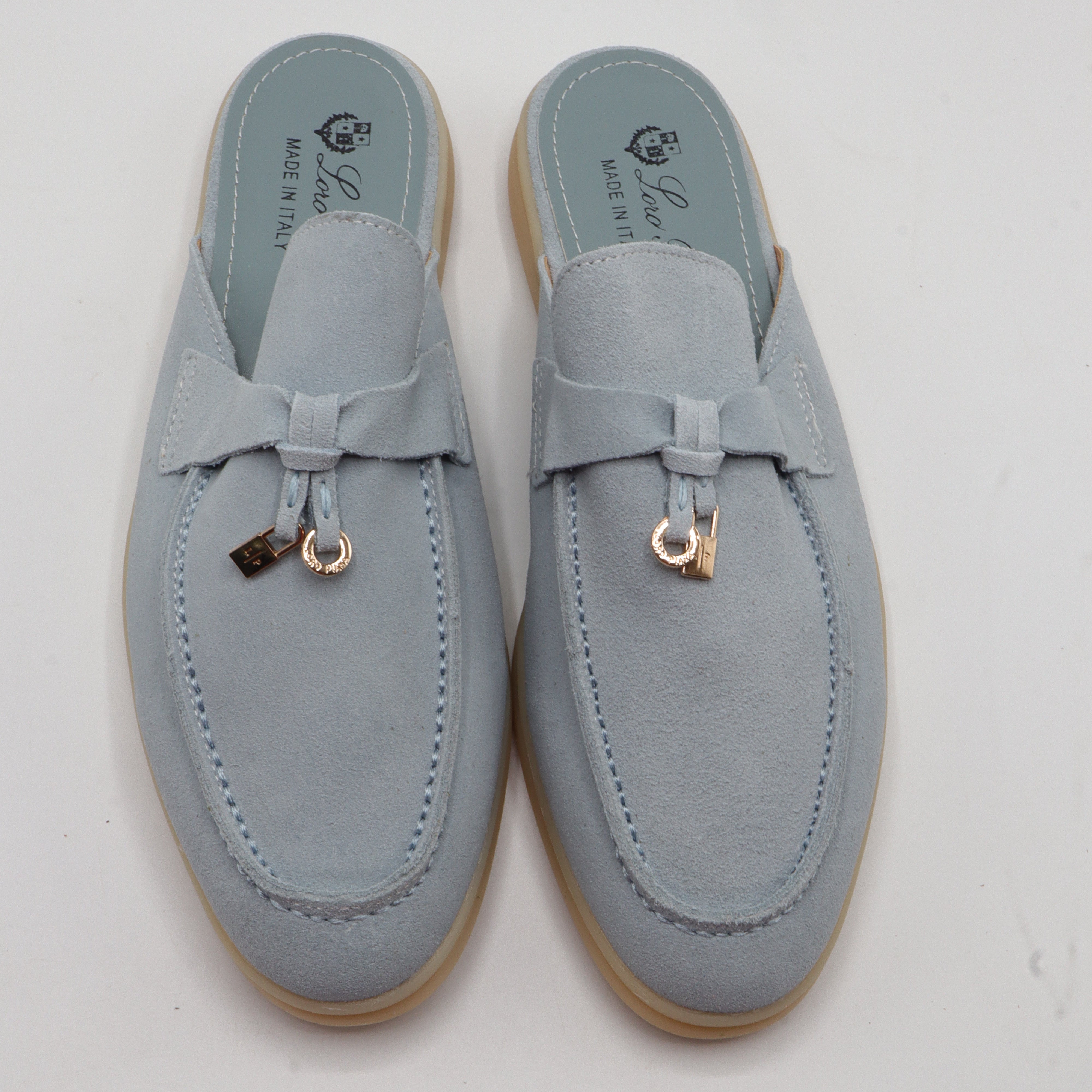 Suede Charm Moccasin Flat Mules – Women's Ice Blue Slip-On Loafers