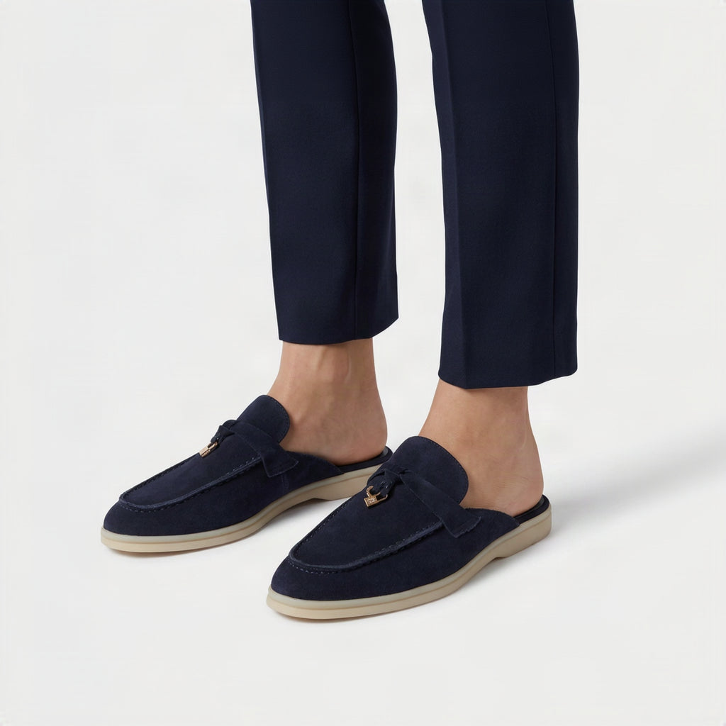 Suede Charm Moccasin Flat Mules – Women's Navy Blue Slip-On Loafers