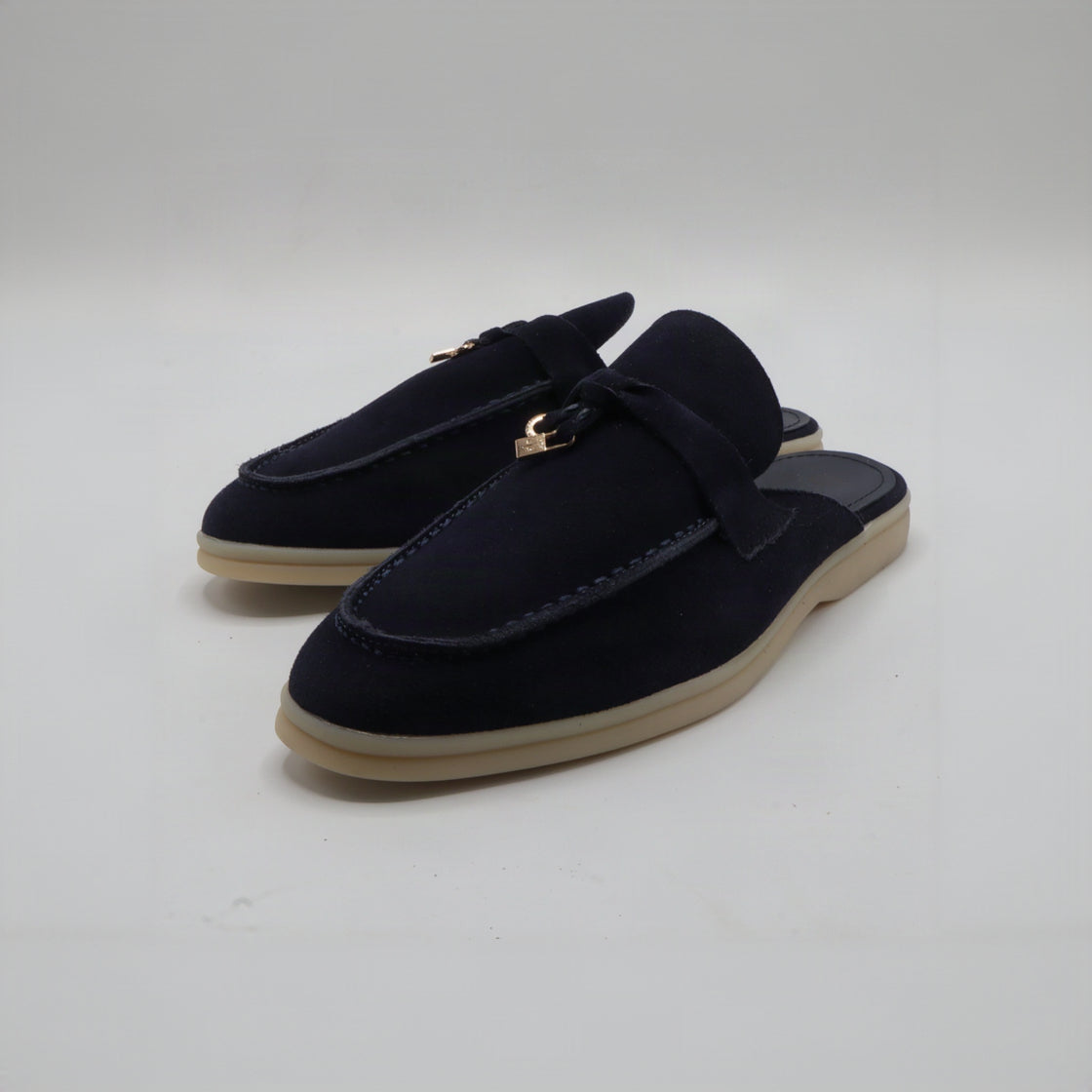 Suede Charm Moccasin Flat Mules – Women's Navy Blue Slip-On Loafers