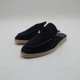 Suede Charm Moccasin Flat Mules – Women's Navy Blue Slip-On Loafers