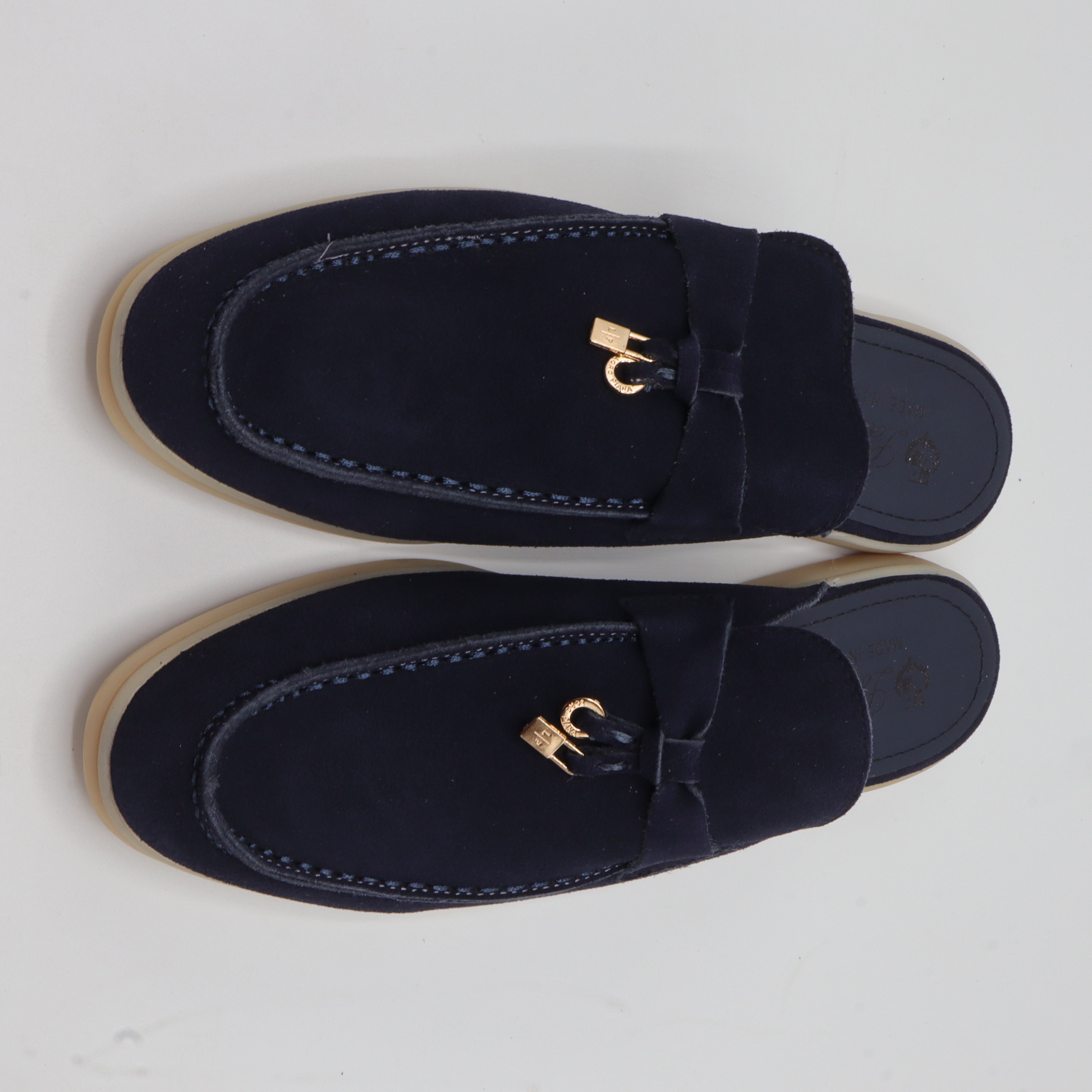 Suede Charm Moccasin Flat Mules – Women's Navy Blue Slip-On Loafers