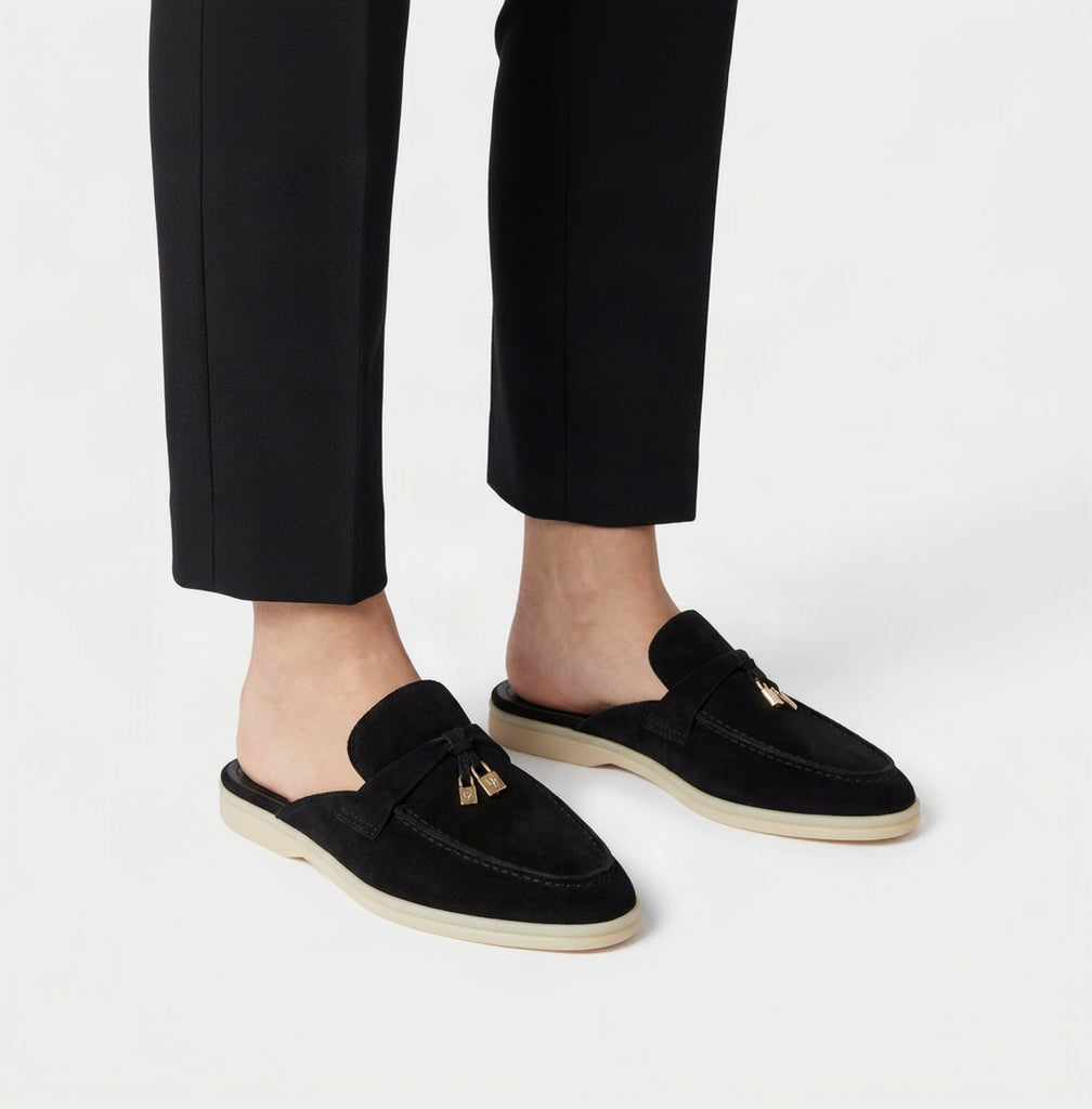 Suede Charm Moccasin Flat Mules – Women's Jet Black Slip-On Loafers