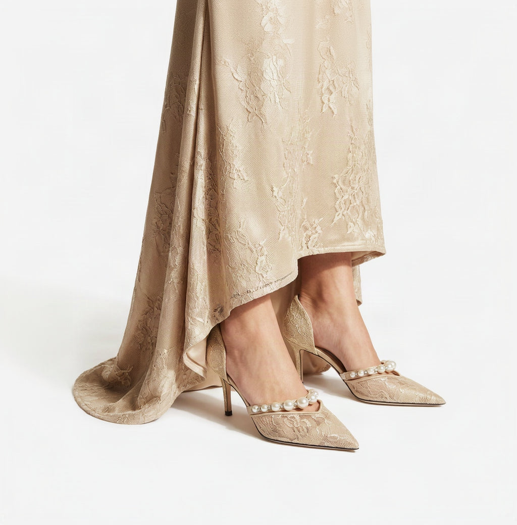Jimmy Choo Style Pearl Lace D'Orsay Pumps – Women's Gold Bridal & Party Heels