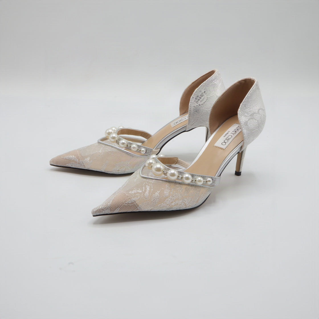 Jimmy Choo Style Pearl Lace D'Orsay Pumps – Women's Silver Bridal & Party Heels