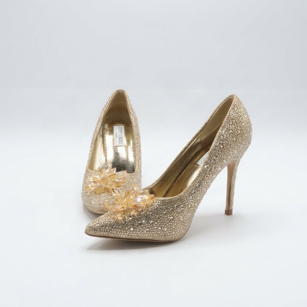 Jimmy Choo Style Crystal Cluster Stiletto Pumps – Women's Gold Bridal & Party Shoes