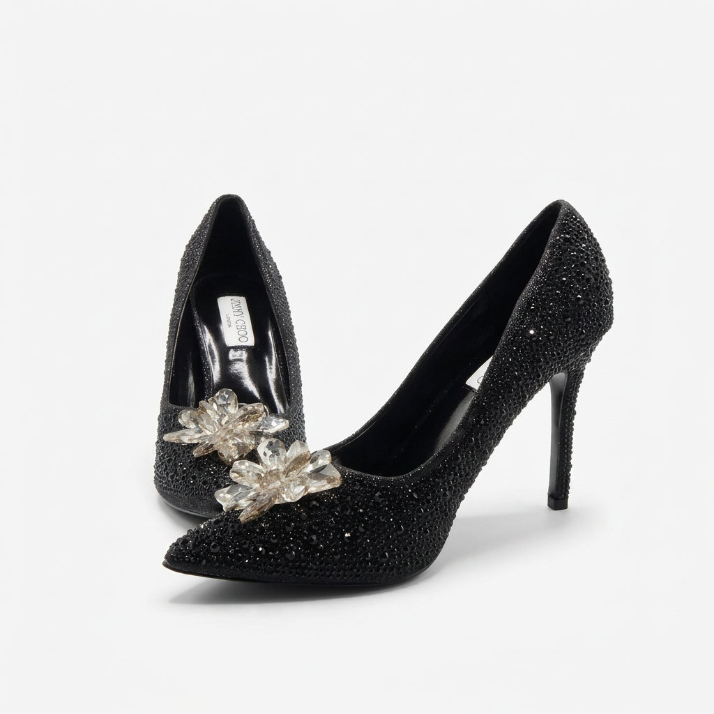 Jimmy Choo Style Crystal Cluster Stiletto Pumps – Women's Black Party & Gala Shoes
