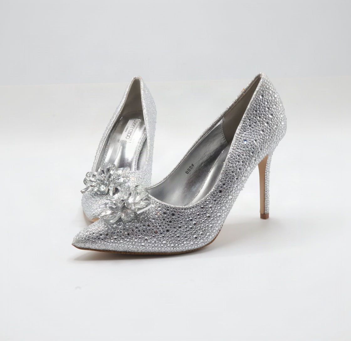 Jimmy Choo Style Crystal Cluster Stiletto Pumps – Women's Silver Bridal & Party Shoes