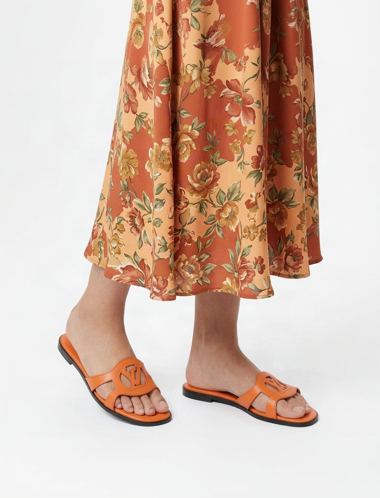 Cutout Monogram Open-Toe Flat Slides – Women's Tangerine Orange Slip-On Summer Sandals