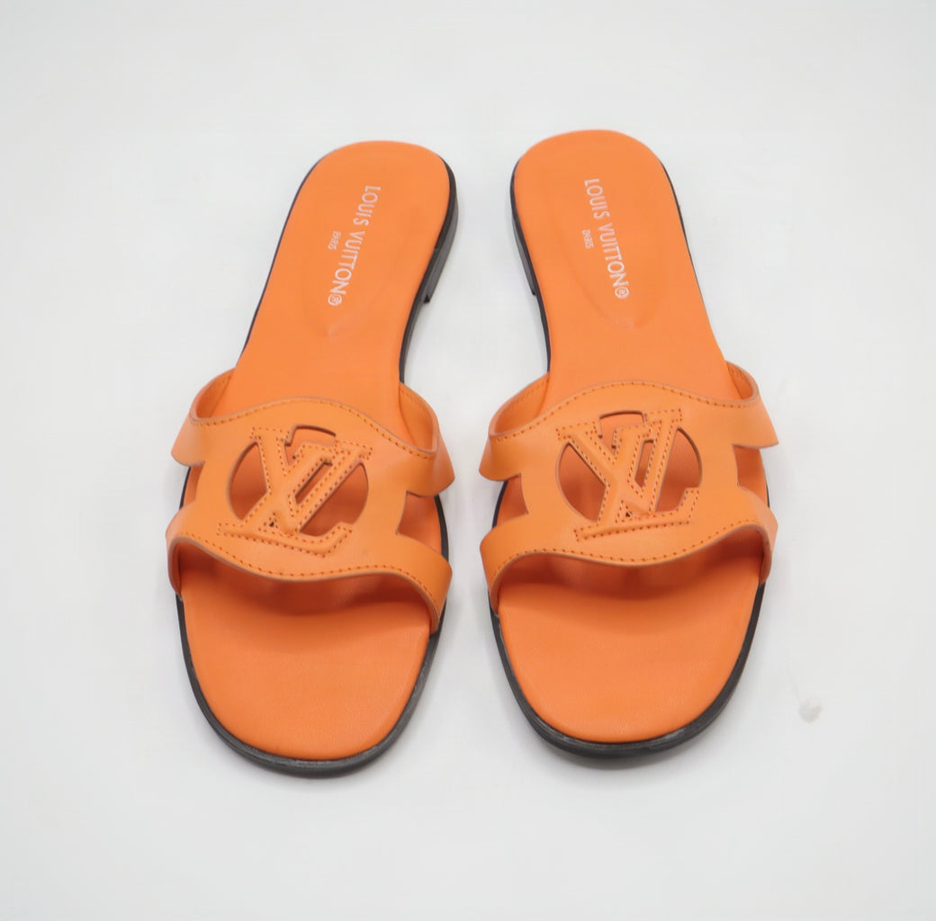Cutout Monogram Open-Toe Flat Slides – Women's Tangerine Orange Slip-On Summer Sandals