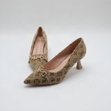 Monogram Jacquard Pointed-Toe Horsebit Flared Heel Pumps – Women's Brown & Tan Low-Heel Dress Shoes