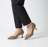 Monogram Jacquard Pointed-Toe Horsebit Flared Heel Pumps – Women's Brown & Tan Low-Heel Dress Shoes