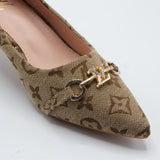 Monogram Jacquard Pointed-Toe Horsebit Flared Heel Pumps – Women's Brown & Tan Low-Heel Dress Shoes